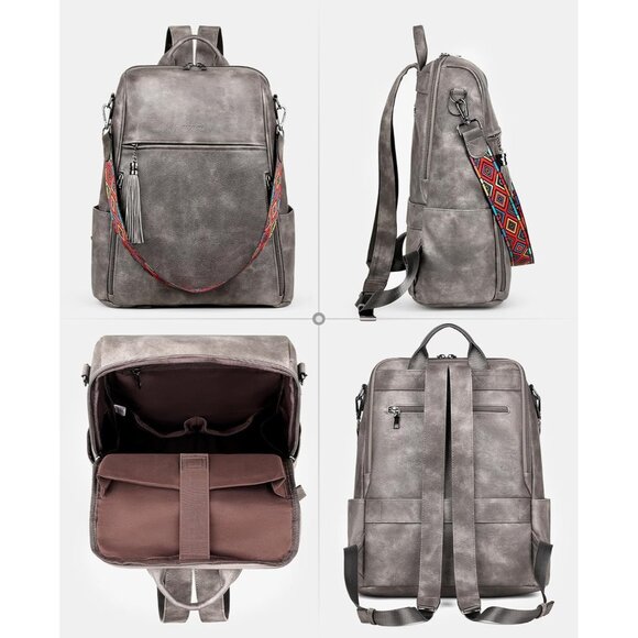 Women's Grey  Retro Style Backpack Designer 15.6 inch PU Leather Laptop Bags - Picture 6 of 9